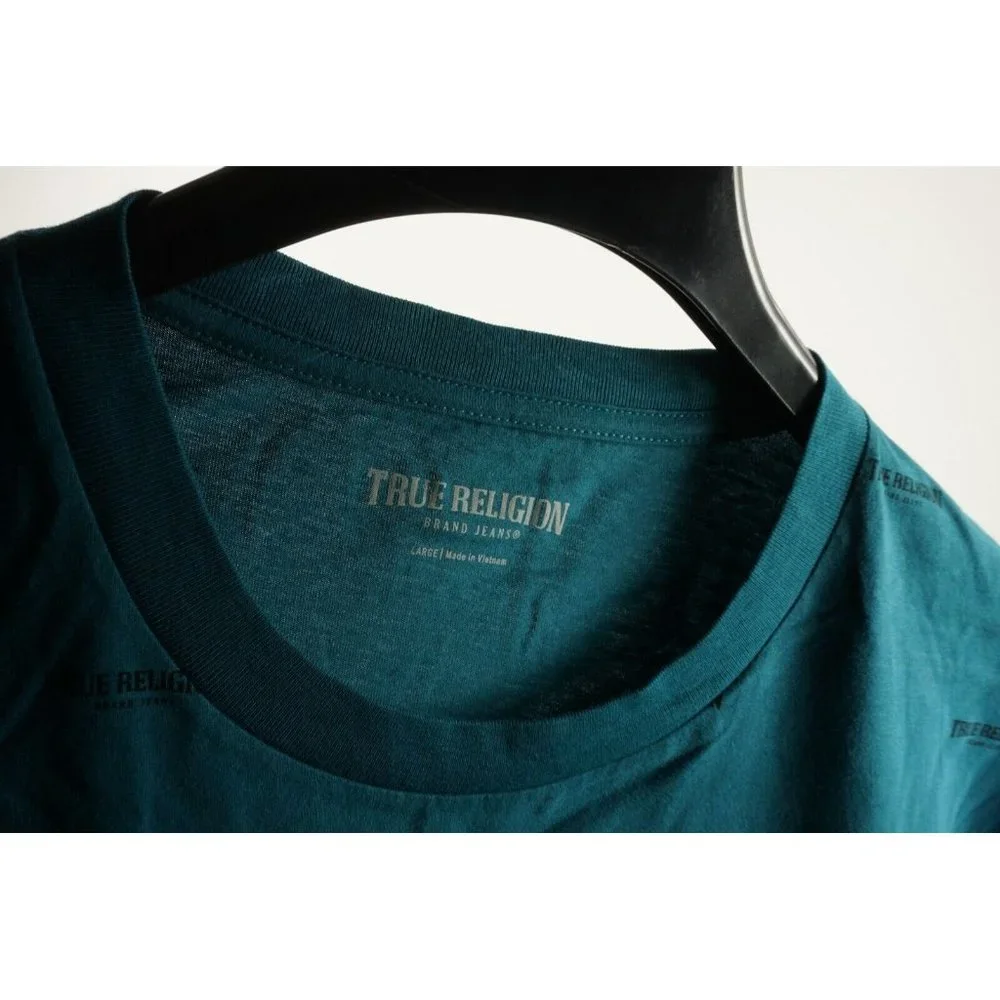 True Religion Arched‎ All Over Logo Men's Large Short Sleeve Blue Crew T-Shirt